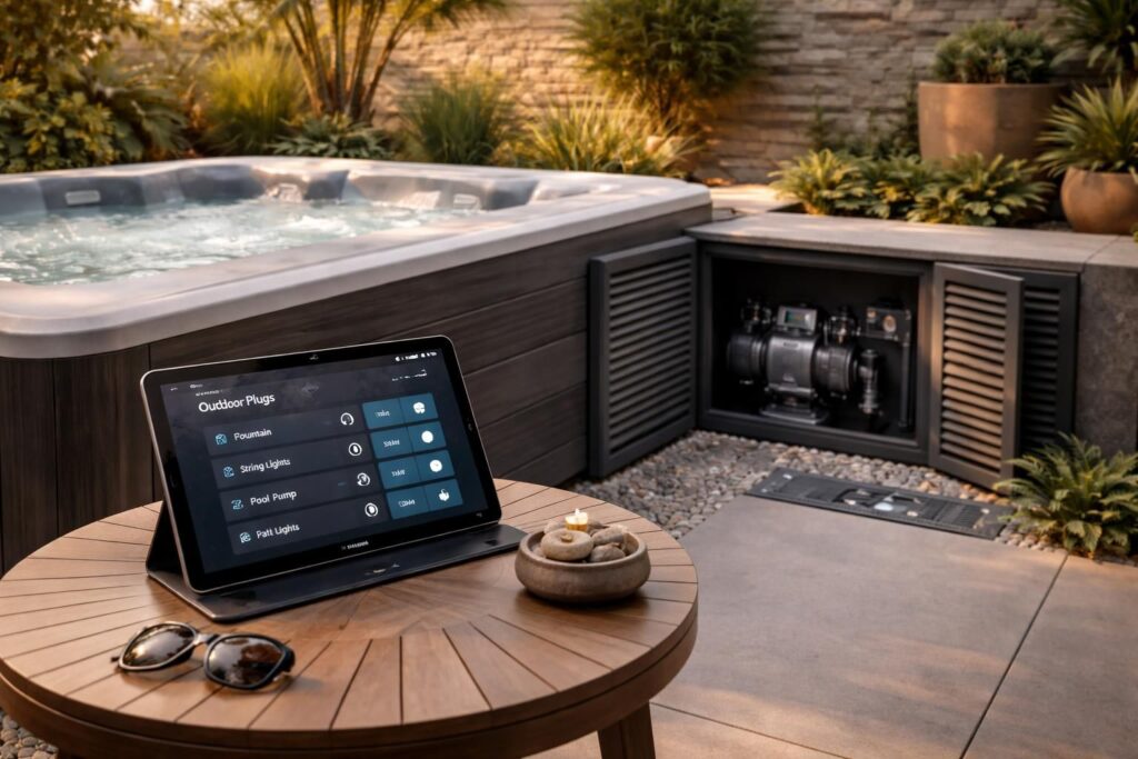 découvrez nos prises extérieures pilotées pour contrôler votre spa, pompe et éléments déco via la tablette samsung, pour une domotique simplifiée et intelligente.