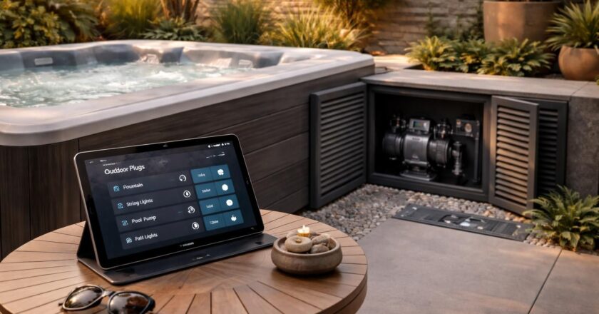 Prises extérieures pilotées : spa pompe déco avec la tablette Samsung pour la domotique