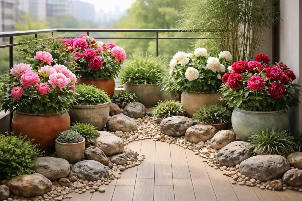 découvrez comment transformer votre balcon en un havre de paix avec un jardin de roches et des pivoines en pots, pour une ambiance naturelle et élégante.