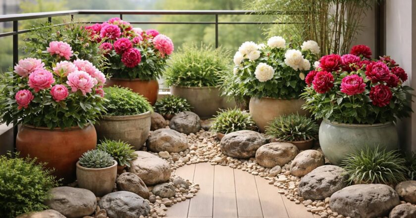 Transformez votre balcon avec un jardin de roches et de pivoines en pots