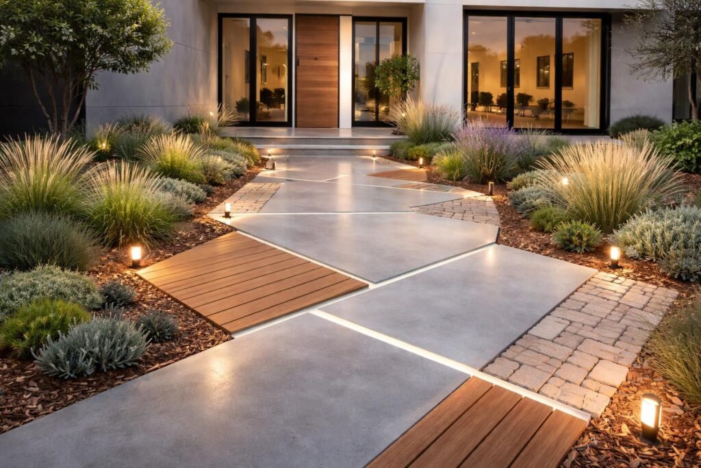 découvrez des idées d'aménagement devant la maison sans pelouse avec des matériaux innovants pour créer une entrée élégante et accueillante.