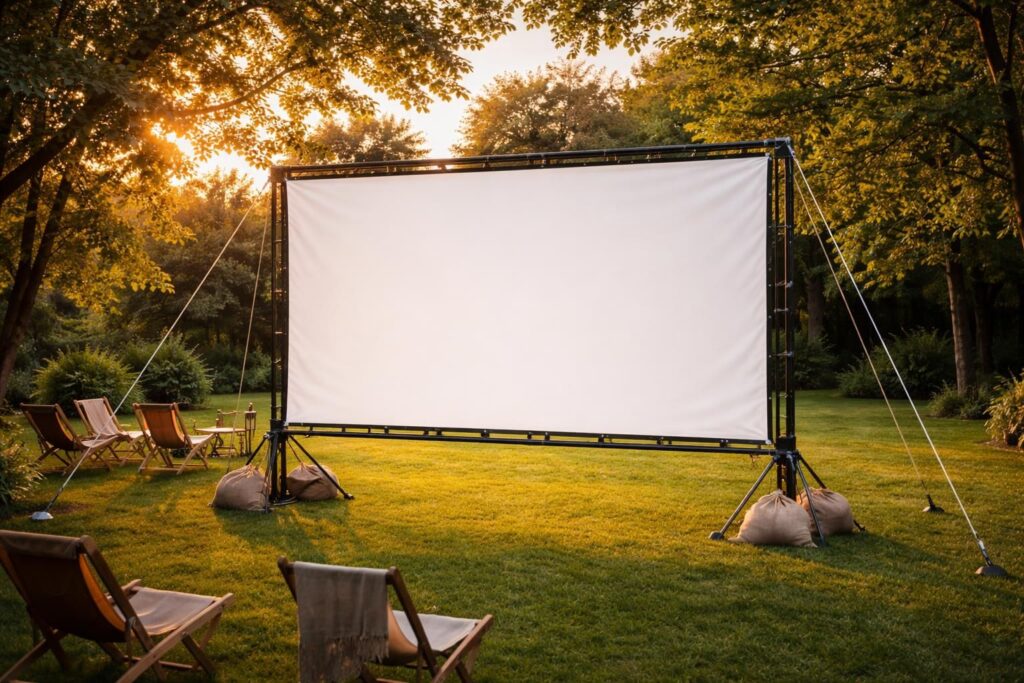 découvrez comment installer un écran de projection stable pour votre cinéma de jardin, même par temps venteux, et profitez de vos films en extérieur sans souci.