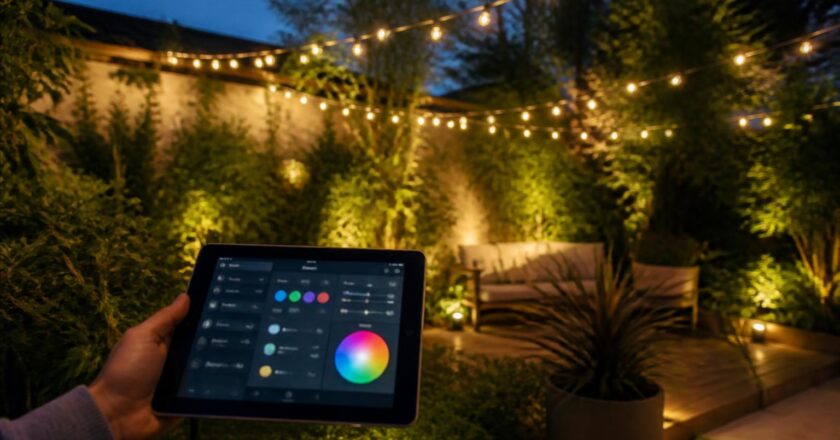 Guirlandes spots prises : scènes jardin pilotées depuis la tablette iPad