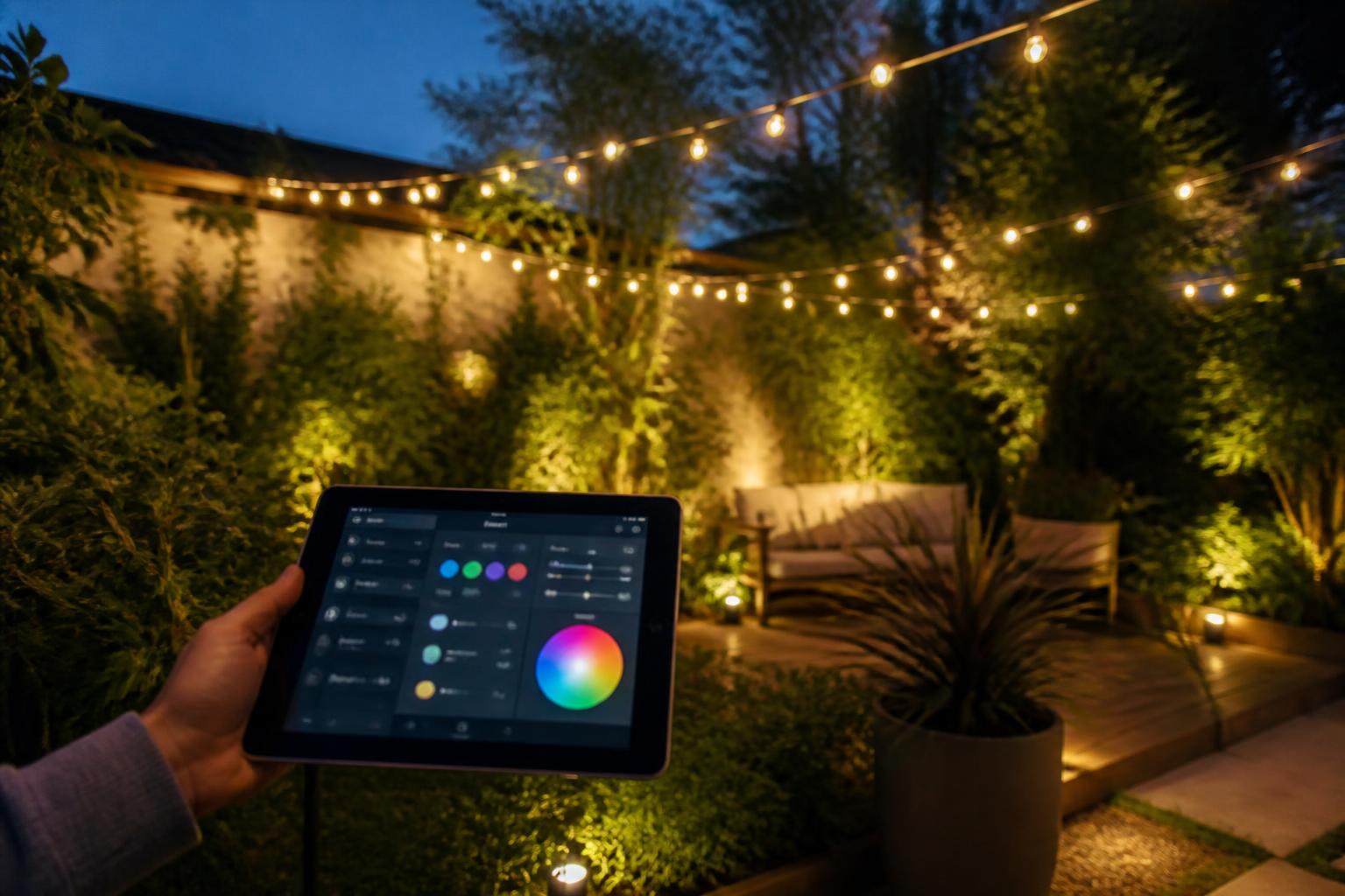 découvrez nos guirlandes spots avec prises, idéales pour éclairer vos scènes de jardin. pilotez facilement l'ambiance depuis votre tablette ipad pour un contrôle optimal et une atmosphère personnalisée.