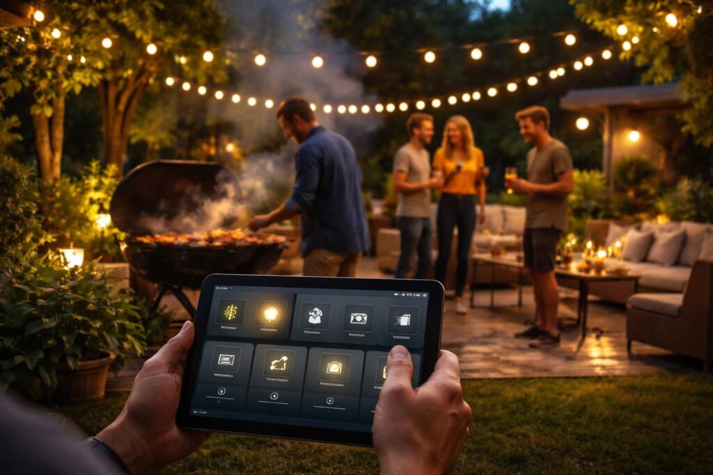 organisez une soirée bbq parfaite avec des scènes lumière personnalisées et contrôlez vos prises extérieures facilement grâce à une tablette tactile pour une domotique simplifiée.