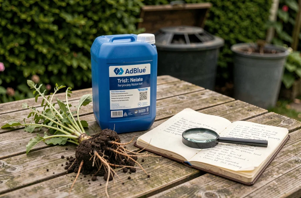 Gros plan d'un bidon d'AdBlue posé sur une table de jardin à côté de mauvaises herbes déracinées et d'un carnet de notes manuscrit