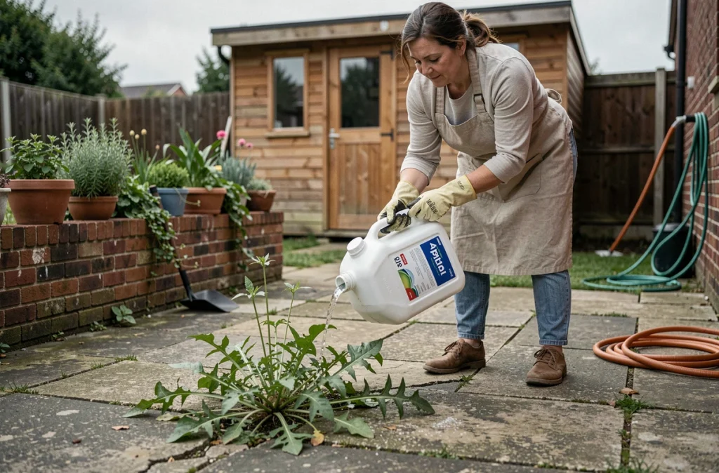 Femme versant de l'AdBlue sur des mauvaises herbes entre des dalles de béton fissuré dans un jardin résidentiel