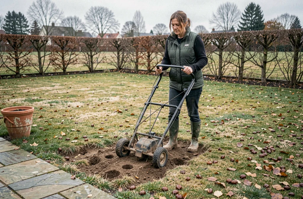 Femme aérant sa pelouse en automne avec un aérateur manuel dans un jardin résidentiel