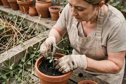 Femme jardinière bouturant une sauge arbustive dans un pot en terre cuite pour contrôler les mauvaises herbes au jardin