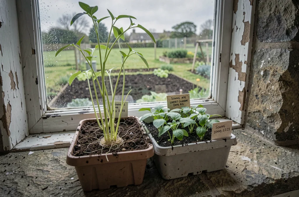 Comparaison de semis de tomates bio précoces et tardifs sur un rebord de fenêtre en pierre de ferme ancienne