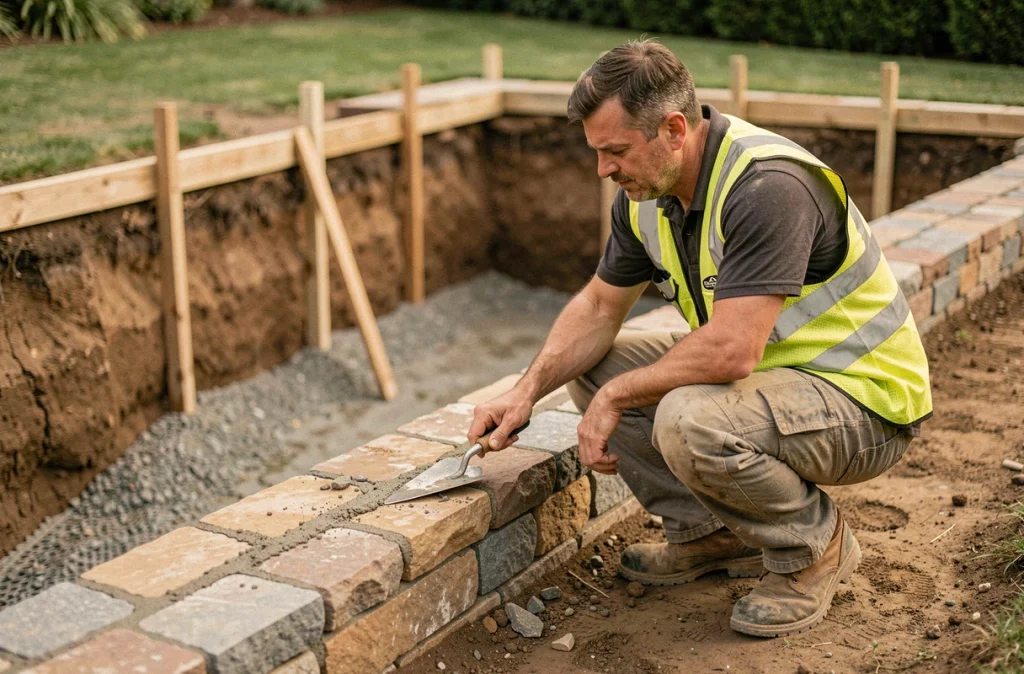 Maçon construisant un muret de soutènement en pierre sur un chantier d'installation de piscine coque en terrain pentu