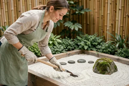 Femme débutante ratissant un jardin zen avec des pierres et du gravier blanc, ambiance calme et apaisante