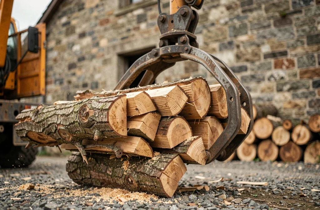 Déchargement de stères de bois de chauffage par grue hydraulique depuis un camion grumier dans une ferme