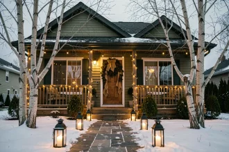 Façade de maison décorée pour Noël avec guirlandes LED, lanternes solaires et décorations en matériaux recyclés comme la toile de jute et les pommes de pin