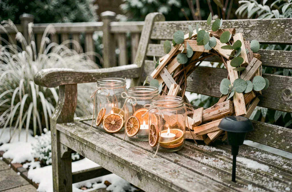 Décoration de jardin de Noël écoresponsable avec bocaux en verre recyclé, lanternes LED, tranches d'orange séchées et couronne en bois récupéré sur un banc de jardin enneigé