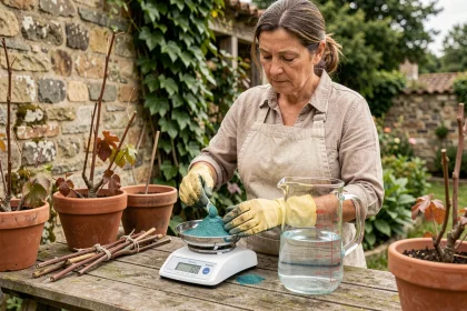 Femme mesurant la dose de bouillie bordelaise sur une balance pour 1 litre d'eau dans un jardin rustique