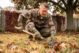 Homme entretenant sa pelouse en automne en ramassant les feuilles mortes avec un râteau dans un jardin