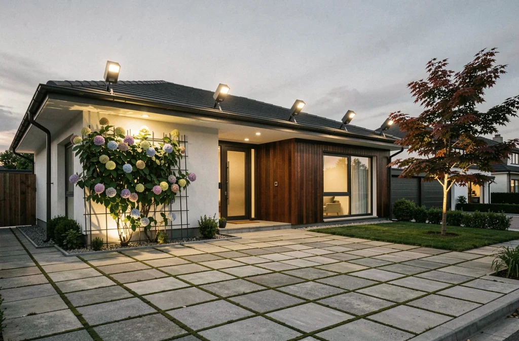 Façade de maison contemporaine équipée de spots solaires LED orientables sur le pourtour extérieur