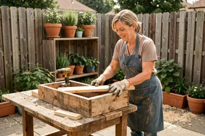 Femme assemblant une jardinière en bois avec des chutes de planches dans un jardin