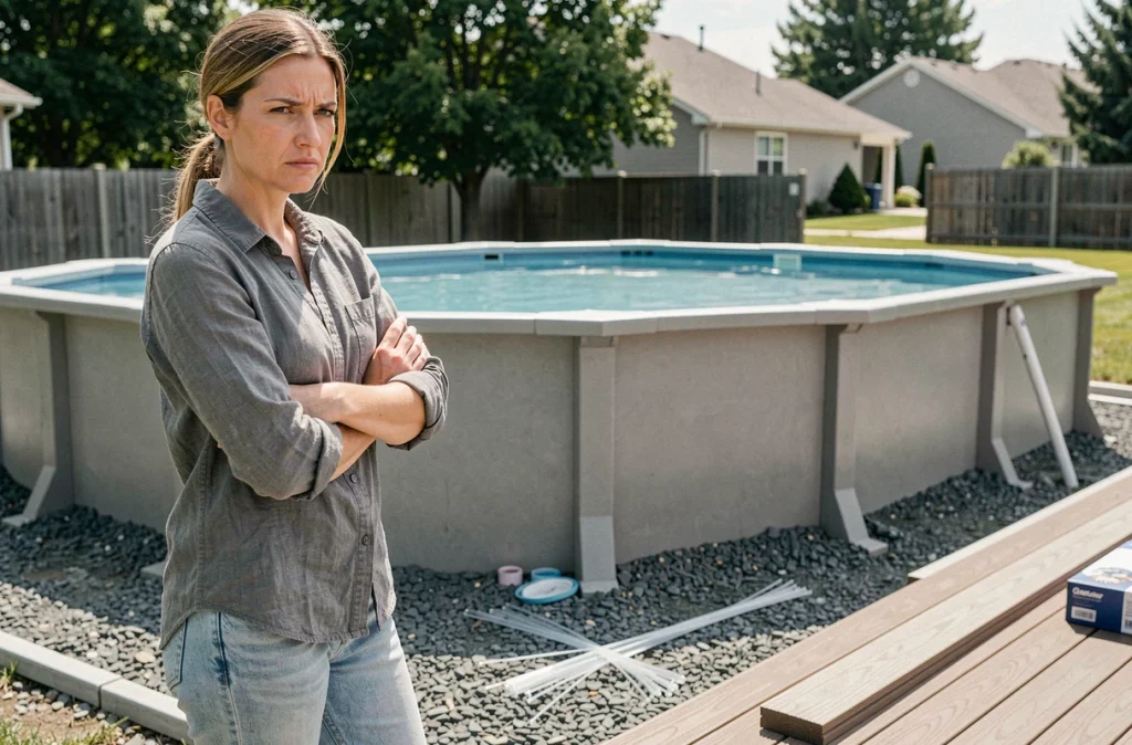 Femme inspectant les joints d'une piscine coque en kit installée dans un jardin résidentiel ensoleillé