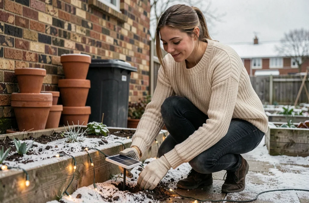 Femme installant des guirlandes LED solaires dans un jardin en hiver, geste écoresponsable pour une décoration de Noël extérieure durable et économe en énergie