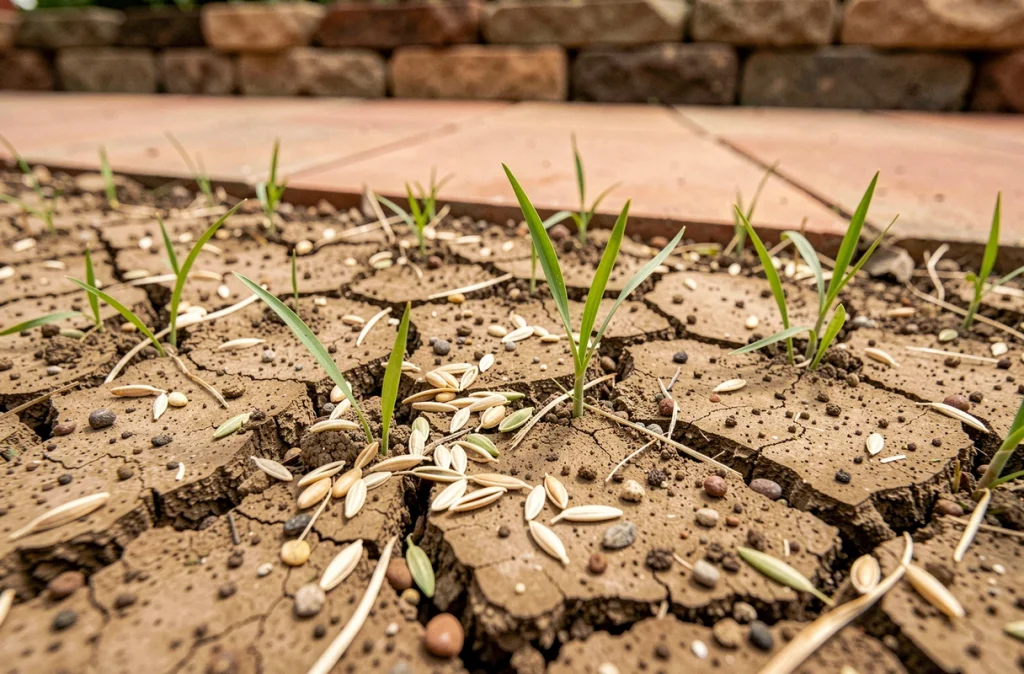 Graines de gazon et jeunes pousses résistantes à la chaleur germant sur sol argileux sec en été