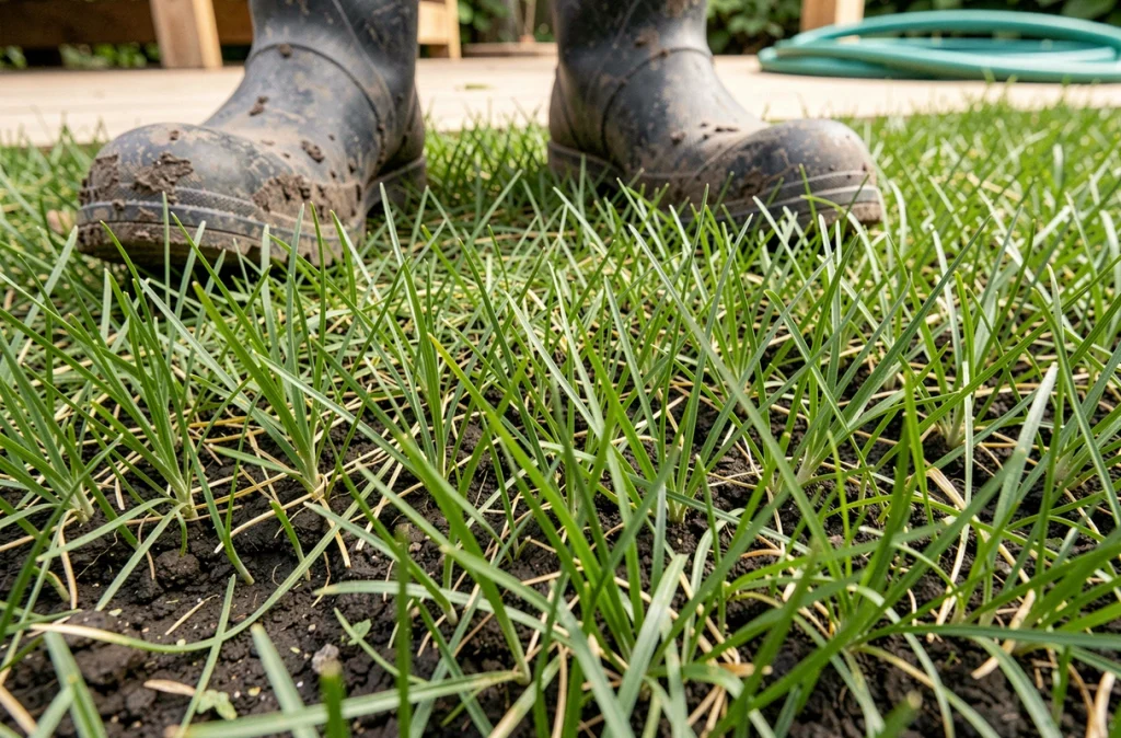 Gros plan sur les brins de gazon coupés lors de la première tonte après semis avec sol visible
