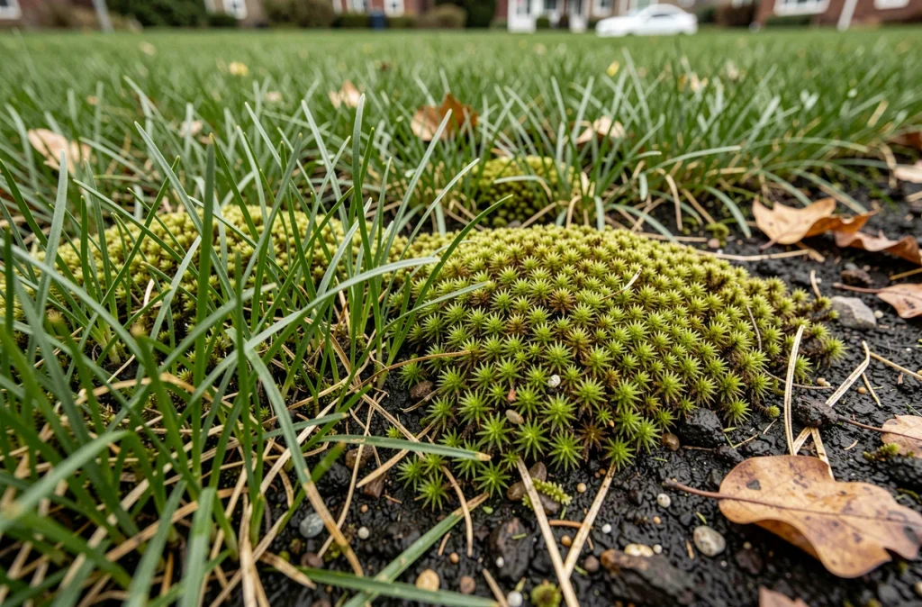 Gros plan sur la frontière entre une pelouse saine et une zone envahie par la mousse au début du printemps