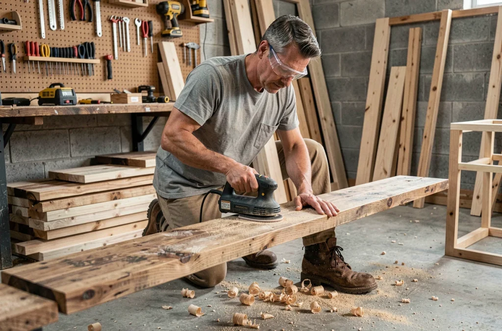 Homme ponçant une planche de bois de récupération dans un atelier bricolage maison