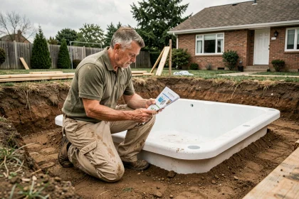 Ouvrier installant une piscine coque en kit dans un jardin pavillonnaire, étudiant la notice de montage au bord de la fouille