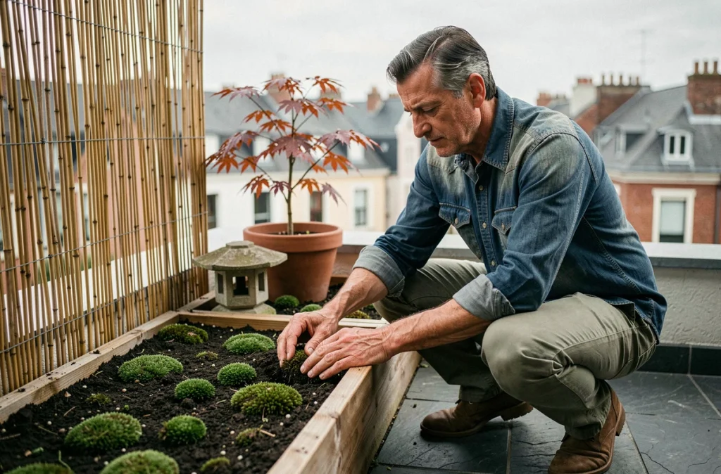 Homme aménageant un jardin zen sur balcon urbain avec mousse, lanterne en pierre et érable japonais