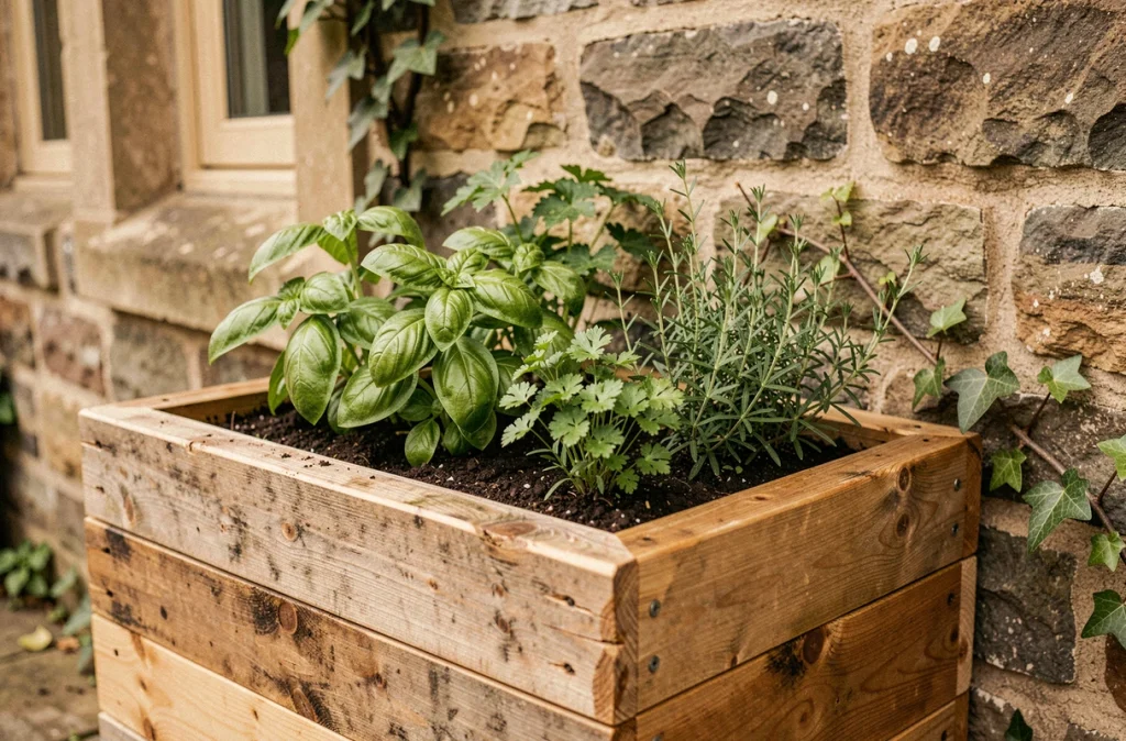Jardinière en bois de récupération remplie d'herbes aromatiques devant mur en pierre