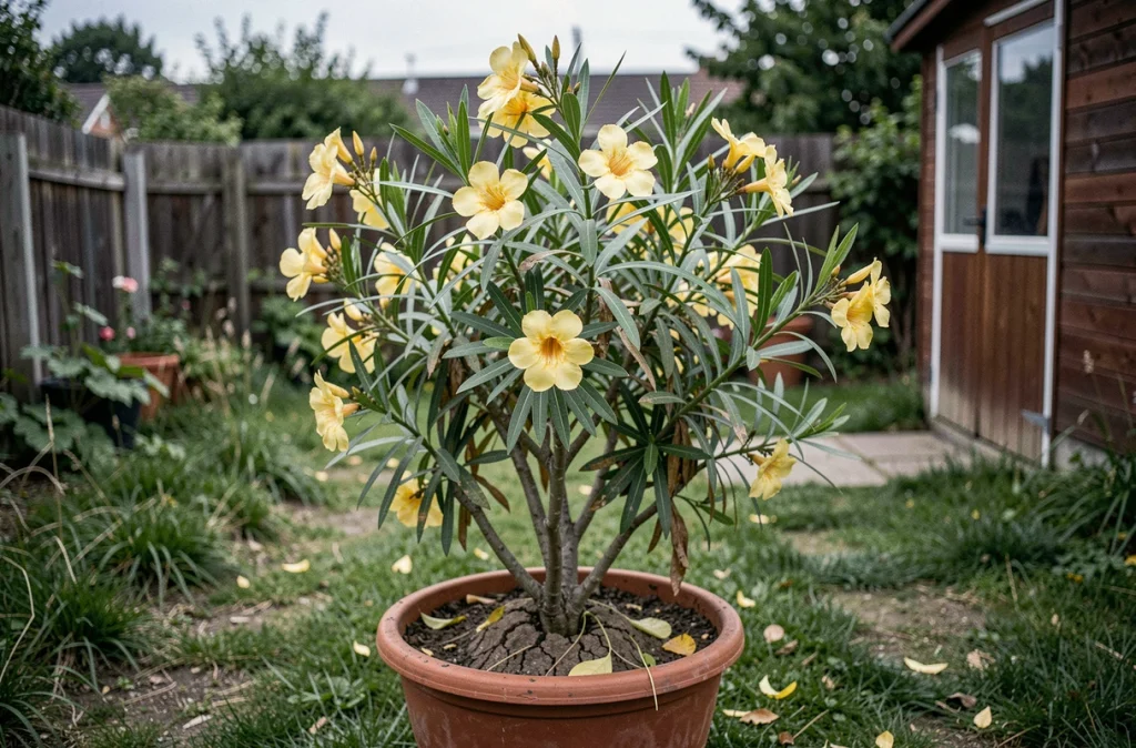 Laurier rose en pot avec feuillage majoritairement jaune et chute de feuilles dans un jardin domestique, signes de carence ou maladie