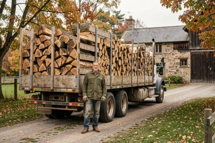 Chauffeur de grumier livrant du bois de chauffage en stères à la ferme en automne