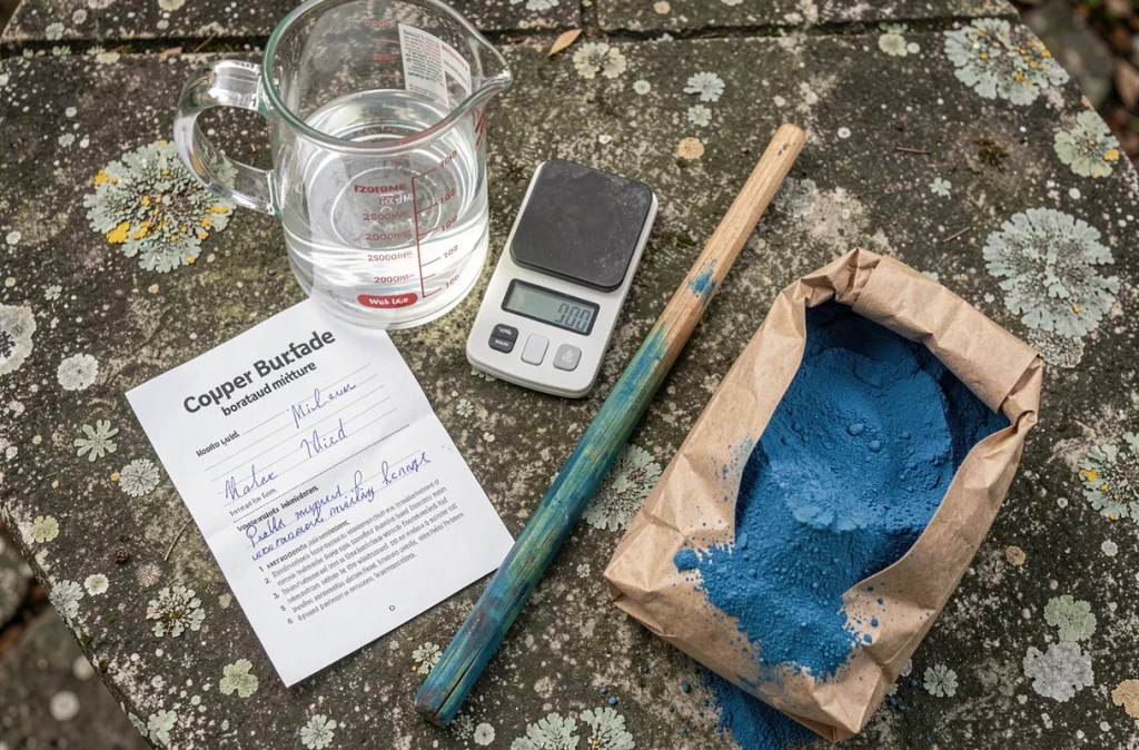 Vue de dessus des outils pour doser et préparer la bouillie bordelaise avec un litre d'eau sur une table en pierre