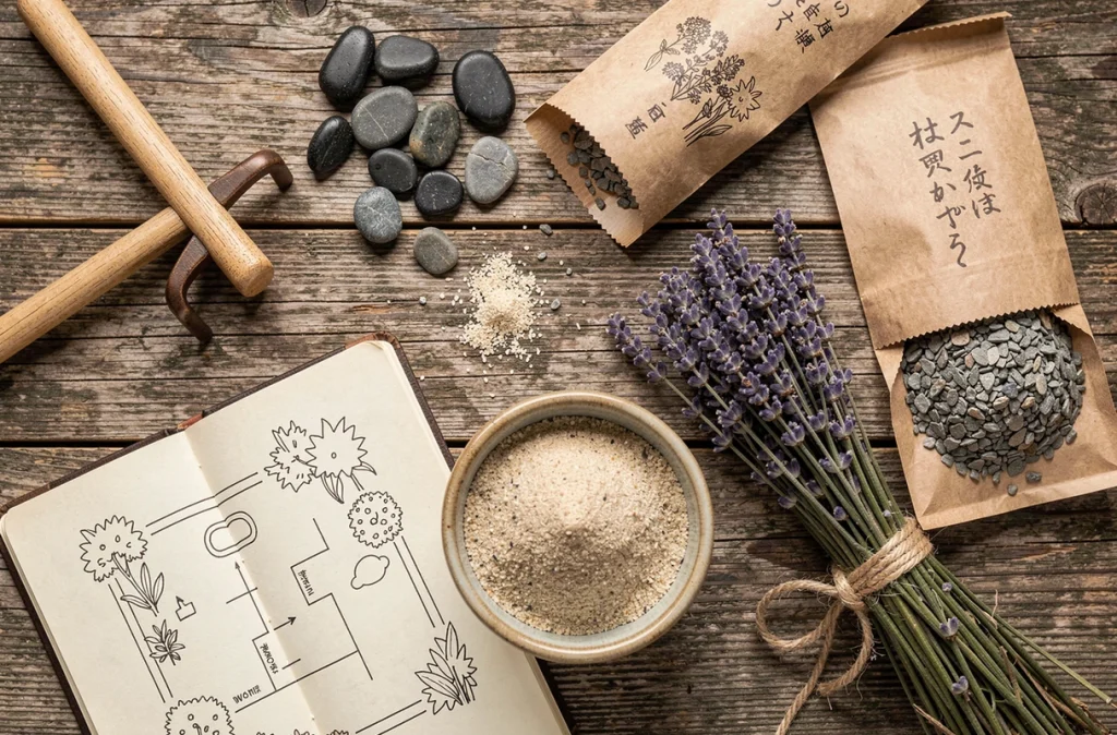 Vue de dessus des outils essentiels pour débuter un jardin zen, avec râteau, pierres, sable et carnet de jardinage