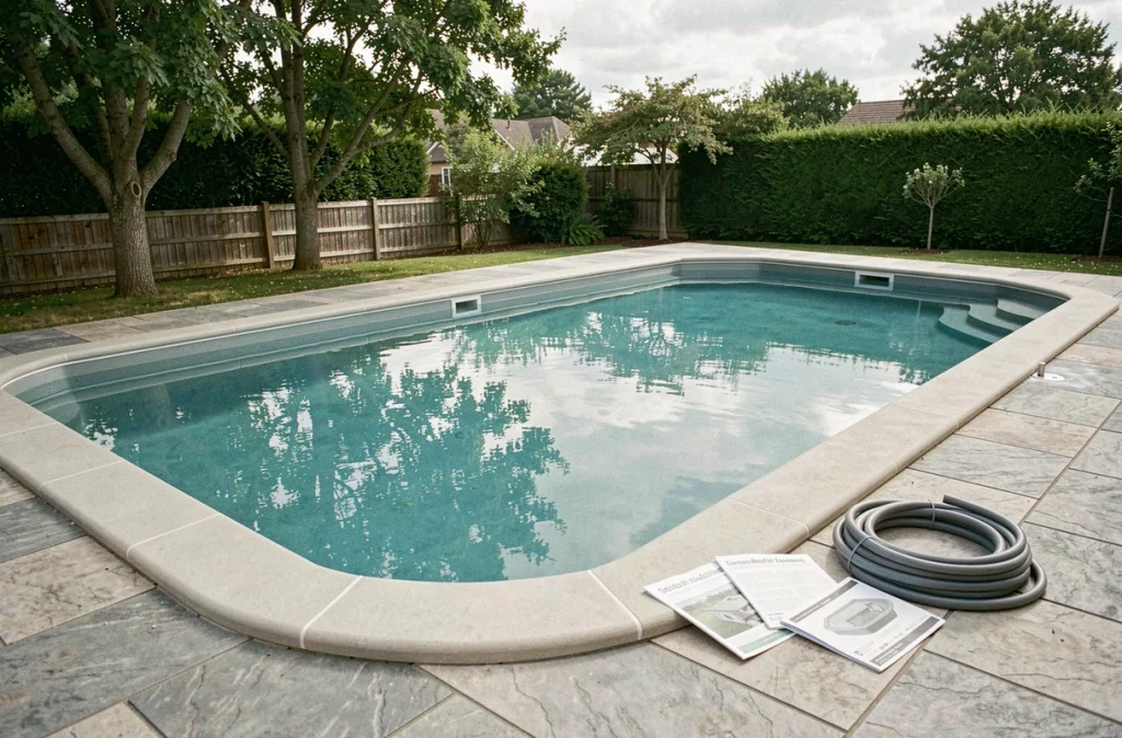 Piscine coque en kit entièrement installée avec terrasse en béton estampé inachevée et notices de montage visibles sur le bord