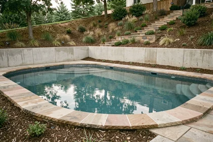 Piscine coque installée sur terrain en pente avec muret de soutènement en béton et aménagement paysager en terrasses