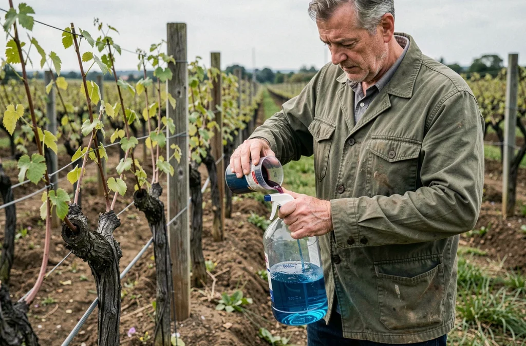 Homme préparant la bouillie bordelaise dans un pulvérisateur d'un litre au milieu des vignes au printemps