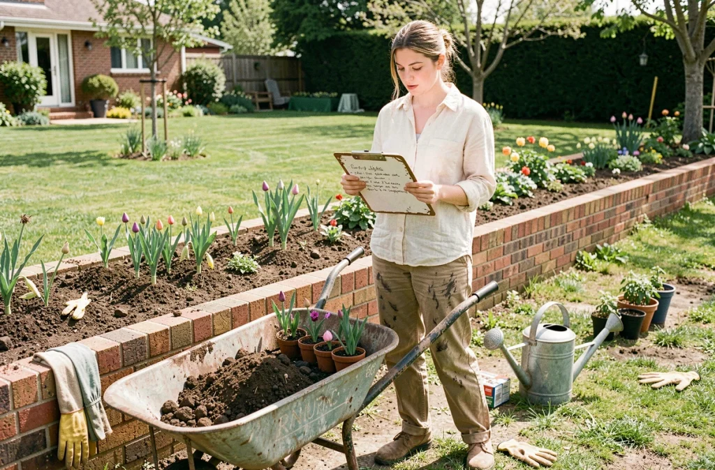 Jeune femme consultant un guide de plantation devant une bordure de jardin préparée pour les semis et bulbes de printemps