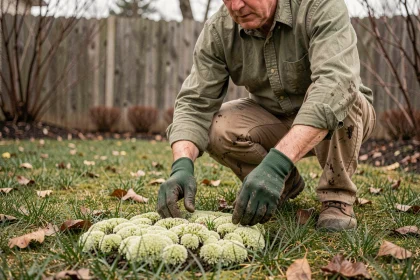 Jardinier examinant de près une zone de mousse envahissant une pelouse au printemps dans un jardin résidentiel