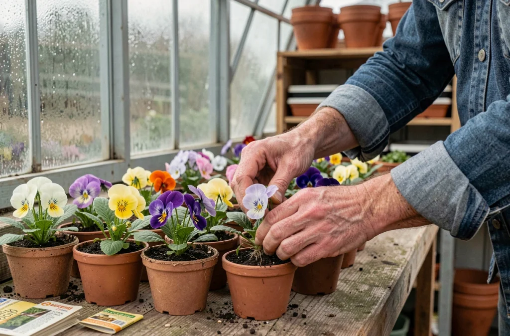 Mains masculines disposant des plants de fleurs printanières en godets biodégradables sur une table de rempotage en serre