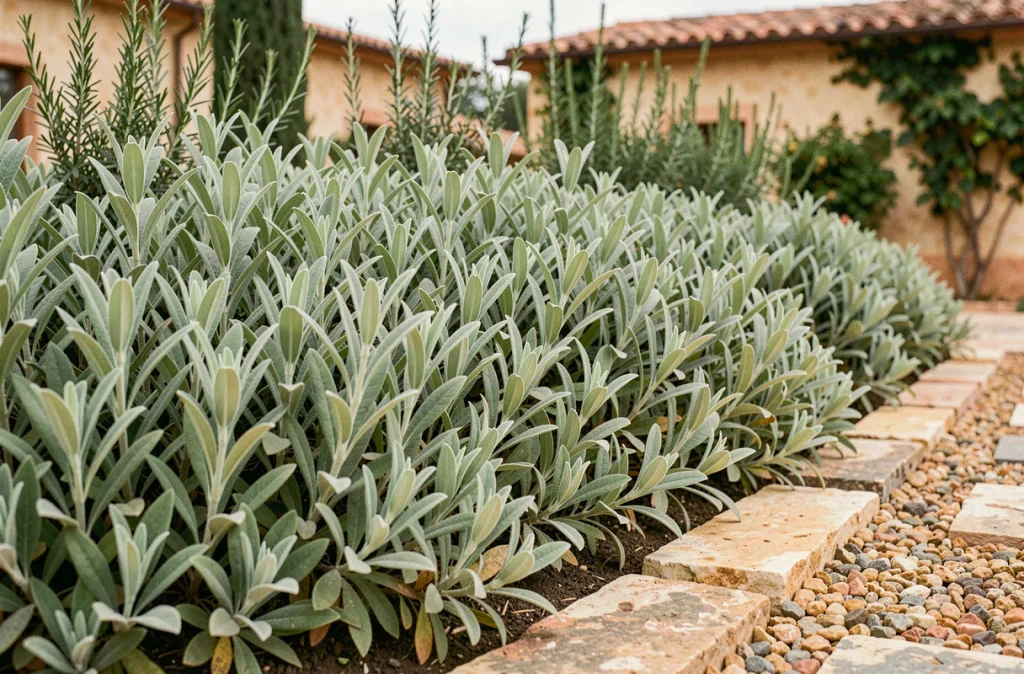Plantation dense de sauge arbustive couvre-sol sur un chemin de jardin méditerranéen éliminant naturellement les mauvaises herbes