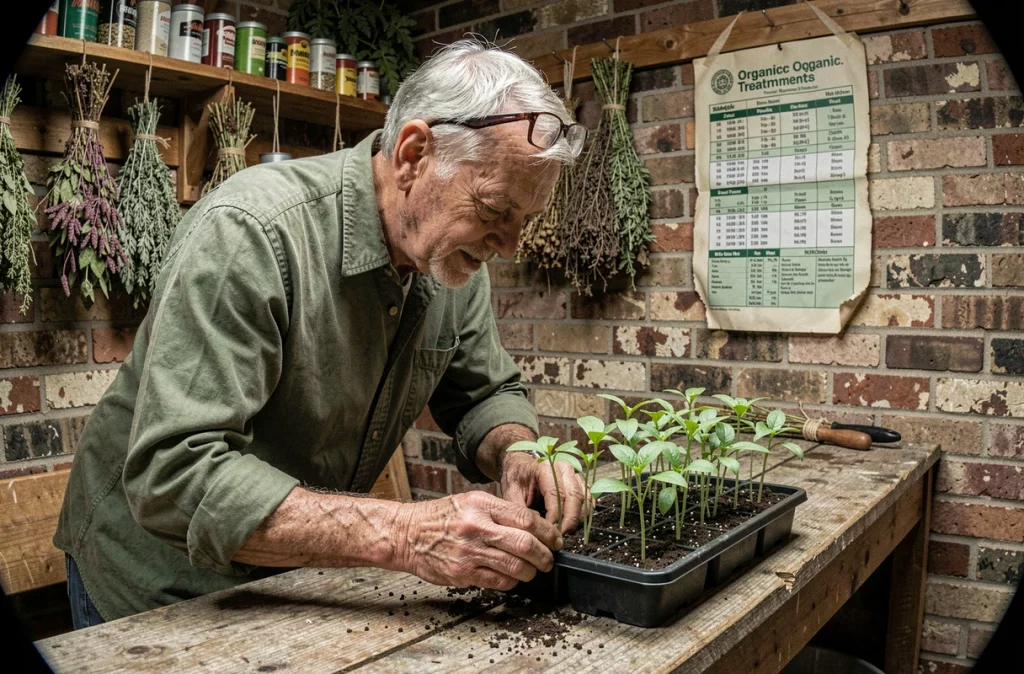 Jardinier expérimenté examinant des semis de tomates biologiques en germination dans un cabanon de jardin vintage