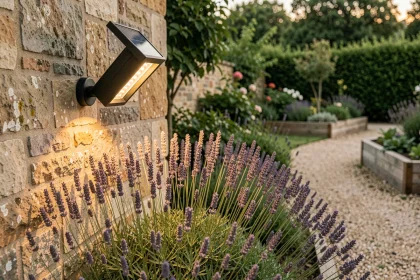 Spot extérieur solaire LED orientable fixé sur un mur en pierre éclairant un jardin de lavande