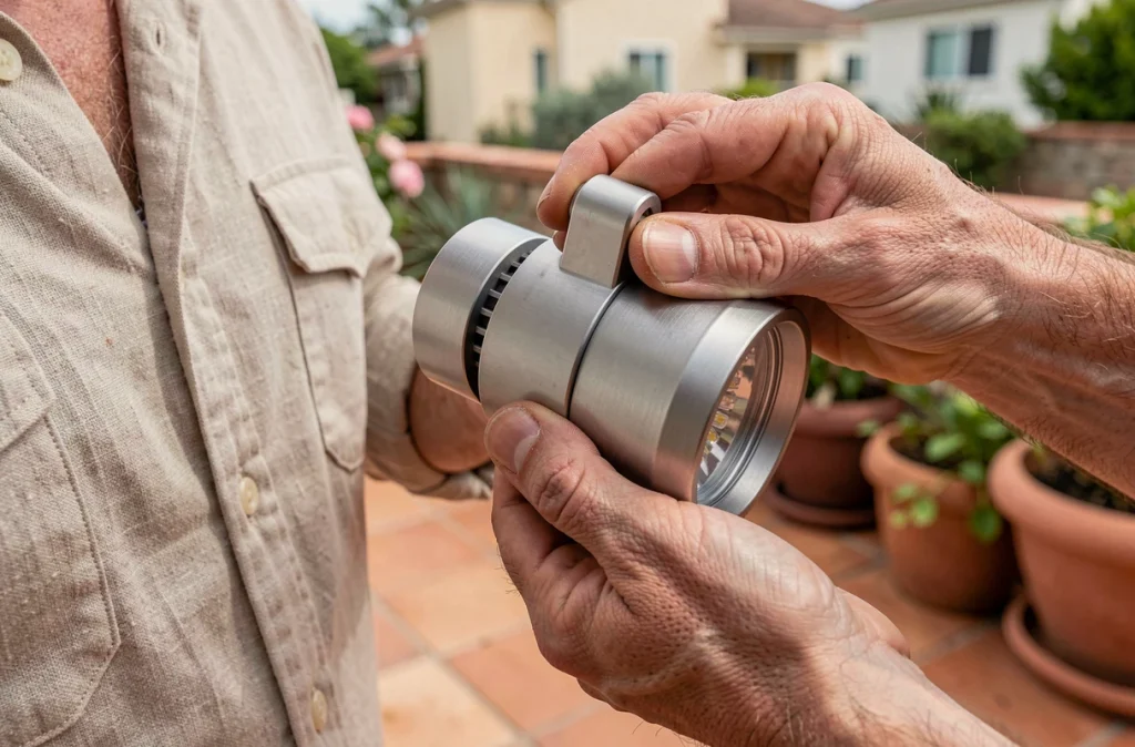 Gros plan sur l'orientation manuelle d'un spot solaire LED extérieur par un homme adulte sur une terrasse