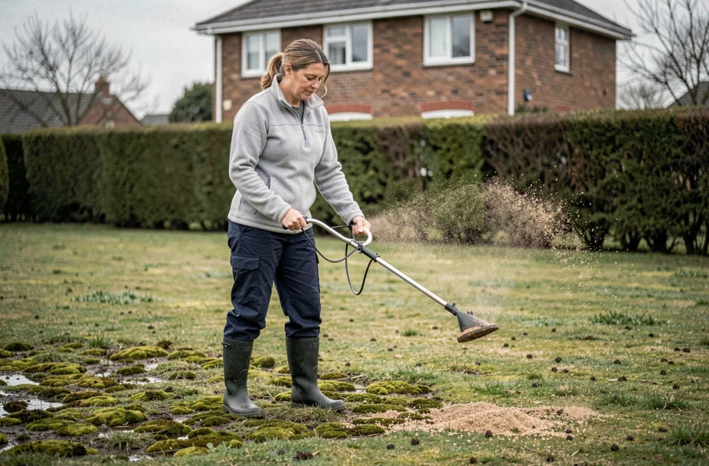 Femme appliquant un traitement anti-mousse sur une pelouse printanière à l'aide d'un épandeur à granulés dans un jardin résidentiel