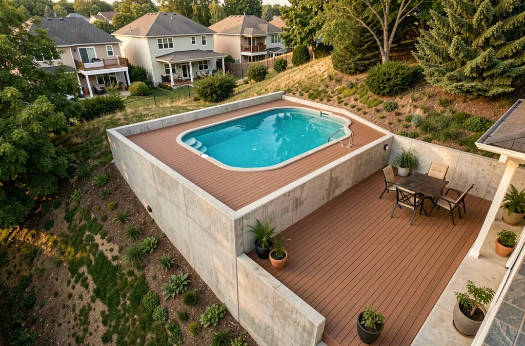 Vue aérienne d'une piscine coque intégrée dans un terrain en pente avec muret de soutènement et terrasse en bois composite
