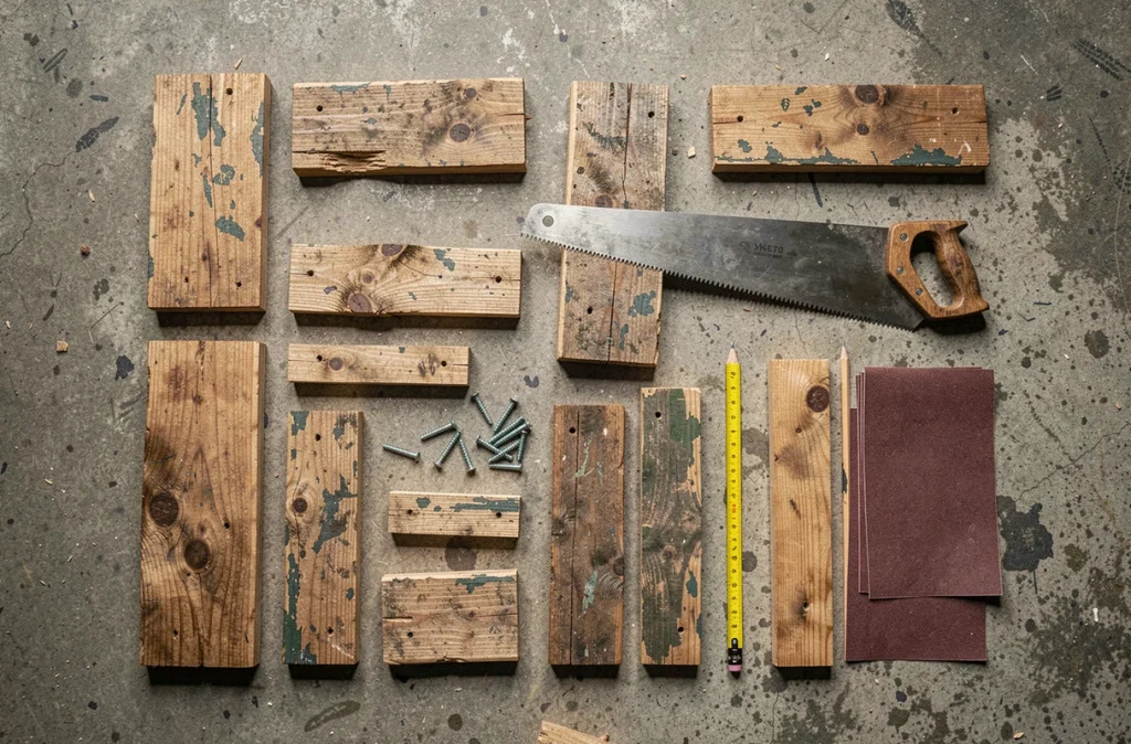 Vue du dessus des outils et chutes de bois pour fabriquer une jardinière maison