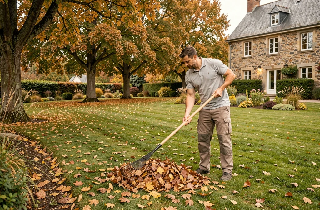 Agent d'AF Jardins Services ratissant les feuilles mortes d'un jardin résidentiel en automne dans le Puy-de-Dôme
